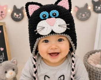 CCrochet Kitty Hat, Kitty Cat Costume, Baby Halloween Costume, Newborn Photo Prop, Toddler Kitty Hat, Winter Baby Hat - MADE TO ORDER