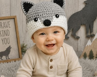 Crochet Grey Wolf Hat, Baby Fox Beanie, Crochet Baby Hat, Halloween Costume, Newborn Photo Prop, Newborn Hat, Toddler Hat, Winter Hat