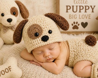 Crochet Baby Puppy Hat and Diaper Cover, Newborn Photo Prop, Halloween Costume, Dog Bone Toy, Baby Shower Gift, Crochet Baby Hat