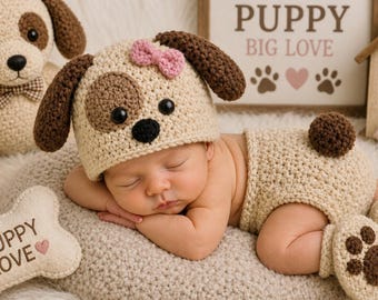 Crochet Baby Puppy Hat and Diaper Cover, Newborn Photo Prop, Halloween Costume, Dog Bone Toy, Baby Shower Gift, Crochet Baby Hat