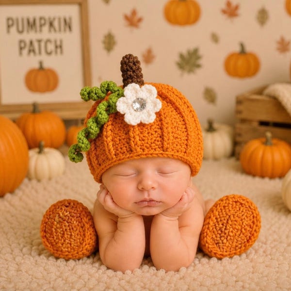 Pumpkin Baby Hat and Bootie Set, Newborn Photo Prop, Halloween Costume, Newborn Pumpkin Hat, Crochet Pumpkin Beanie, Pumpkin Photo Prop