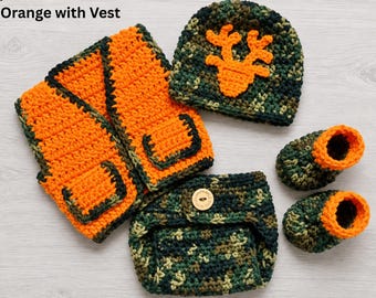 Newborn Camo Hunting Outfit, Deer Hunter Outfit, Baby Photo Prop, Woodland Nursery, Baby Hunting Gift, Hunting Hat, Diaper Cover and Vest