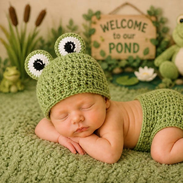 Baby Frog Crochet Outfit - Newborn Photo Props - Baby Shower Gift - Halloween Costume - Crochet Hat and Diaper Cover - Newborn Baby Outfit