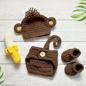 Monkey Hat and Diaper Cover, Newborn Photo Prop, Baby Shower Gift, Stuffed Banana, Halloween Costume, Crochet Baby Hat, Monkey Outfit