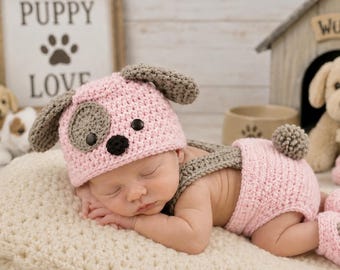 Crochet Baby Puppy Hat and Diaper Cover, Newborn Photo Prop, Halloween Costume, Dog Bone Toy, Baby Shower Gift, Crochet Baby Hat
