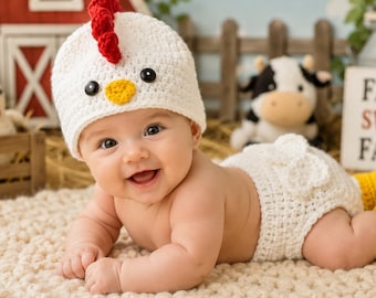 Crochet Baby Chicken Outfit, Baby Rooster Outfit, Newborn Photo Props, Chicken Hat and Diaper Cover, Halloween Outfit, Baby Shower Gift