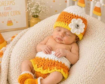 Baby Candy Corn Hat & Skirt - Baby Photo Prop - Candy Corn Outfit - Candy Corn Hat - Baby Halloween Set - READY TO SHIP - 0 to 3 Month Size