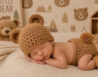 Baby Bear Crochet Hat and Diaper Cover, Newborn Bear Outfit, Baby Photo Prop Outfit, Halloween Costume, Baby Shower Gift, Baby Bear Hat