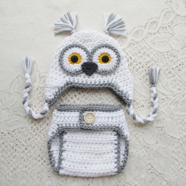 White and Grey Snow Owl Crochet Hat & Diaper Cover Set - Baby Photo Prop - Halloween Costume - Baby Shower Gift - Avail in 0 to 6 Months