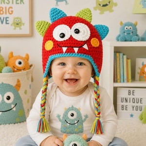 May include: A smiling baby wearing a red, blue, and green monster-themed crochet hat with braided pigtails. The baby is also wearing a white onesie with a monster graphic. The background includes monster-themed decor.