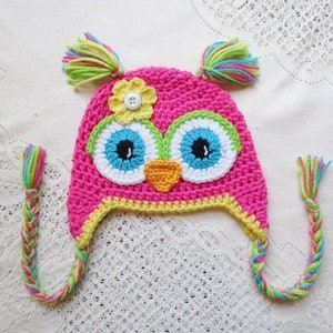 Pink and Yellow Crochet Owl Hat - Winter Hat - Photo Prop - Owl Hat - Animal Hat - Baby Hat - Available in Any Color Combination