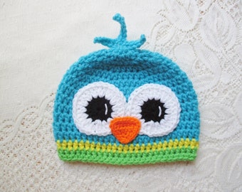 READY TO SHIP - 1 to 3 Year Size - Turquoise & Lime Crochet Parrot Beanie Style Hat - Winter Hat or Photo Prop