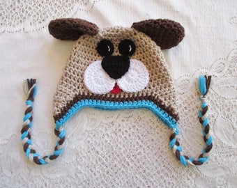 READY TO SHIP - 5 Year to Teen Size - Tan, Brown and Turquoise Puppy Crochet Hat with Full Face - Winter Hat or Photo Prop
