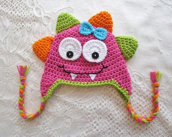 Monster Crochet Hat - Pink, Orange and Lime - Winter Hat - Photo Prop - Crochet Hat - Available in Any Color Combination