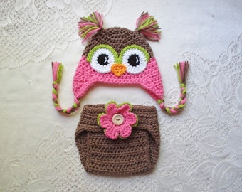 Crochet Baby Owl Hat and Diaper Cover - Baby Photo Prop - Baby Shower Gift - Baby Owl - Woodland Animal - Available in 0 to 6 Months