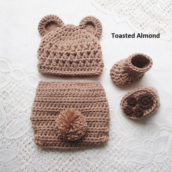 Baby Bear Crochet Hat and Diaper Cover, Newborn Bear Outfit, Baby Photo Prop Outfit, Halloween Costume, Baby Shower Gift, Baby Bear Hat