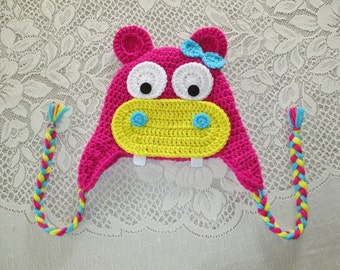 READY TO SHIP - 3 to 5 Year Size - Hot Pink Crochet Hippo Hat - Photo Prop - Winter Hat - Animal Hat - Hippo Hat - Crochet Hat