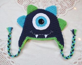 Monster Crochet Hat - Navy Blue, Turquoise, and Lime - Winter Hat - Photo Prop - Crochet Hat - Available in Any Color Combination