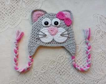 READY TO SHIP - 3 to 6 Month Size - Crochet Kitty Cat Hat - Winter Hat - Photo Prop - Animal Hat - Crochet Hat - Kitty Hat - Cat Hat