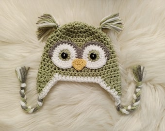 Sage Green and Grey Crochet Owl Hat - Winter Hat - Photo Prop - Crochet Hat - Owl Hat - Available in Any Color Combination