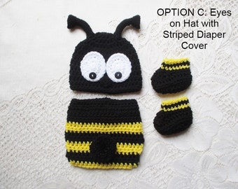 Bumble Bee Crochet Hat and Diaper Cover - Baby Photo Prop - Baby Shower Gift - Available in 0 to 6 Months - Any Color Combo