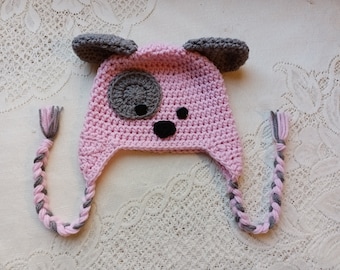 READY TO SHIP - 3 to 6 Month Size - Pink and Grey Puppy Crochet Hat - Winter Hat - Photo Prop - Puppy Hat - Dog Hat - Animal Hat