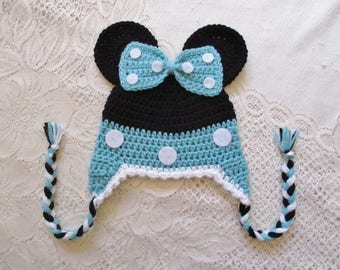 READY TO SHIP - 1 to 3 Year Size - Aqua Mouse Crochet Hat - Winter Hat - Photo Prop - Minnie Mouse - Crochet Hat
