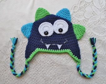 Monster Crochet Hat - Navy Blue, Turquoise, and Lime - Winter Hat - Photo Prop - Crochet Hat - Available in Any Color Combination