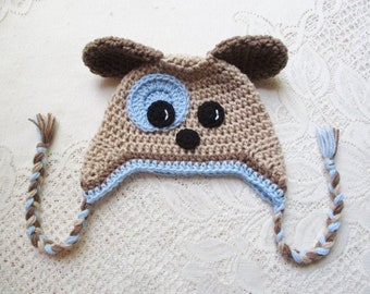 READY TO SHIP - 9 to 12 Mohth Size - Tan and Baby Blue Short Ear Puppy Hat - Winter Hat - Photo Prop - Puppy Hat - Crochet Hat - Animal Hat