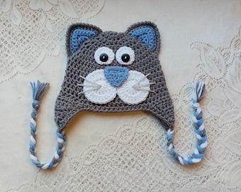 READY TO SHIP - 1 to 3 Year Size - Crochet Kitty Cat Hat - Winter Hat - Photo Prop - Animal Hat - Crochet Hat - Kitty Hat - Cat Hat