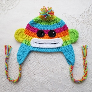 Rainbow Sock Monkey Crochet Hat - Winter Hat - Photo Prop - Animal Hat - Monkey Hat - Available in Any Color Combination