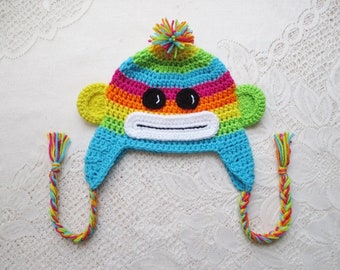 Rainbow Sock Monkey Crochet Hat - Winter Hat - Photo Prop - Animal Hat - Monkey Hat - Available in Any Color Combination