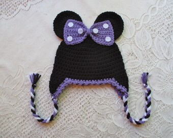 READY TO SHIP - 1 to 3 Year Size - Purple Mouse Crochet Hat - Winter Hat - Photo Prop - Minnie Mouse - Crochet Hat