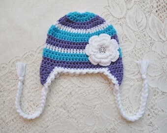 READY TO SHIP - 1 to 3 Year Size - Lavender, Turqouise and White Striped Crochet Hat - Winter Hat or Photo Prop