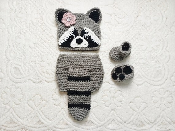 Baby Raccoon Hat and Diaper Cover, Newborn Halloween Costume, Crochet Animal Hat, Newborn Photo Prop, Woodland Nursery, Baby Shower Gift