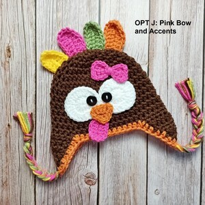 Baby Turkey Crochet Hat, Newborn Photo Prop, Turkey Costume, Hats for Fall, Newborn Turkey Hat, Turkey Beanie, Thanksgiving Photo Prop OPT J: Pink Bow