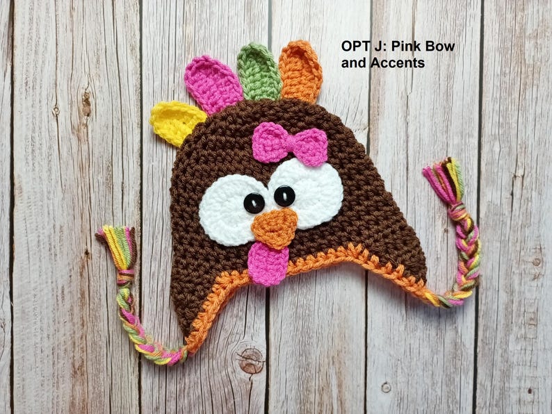 Baby Turkey Crochet Hat, Newborn Photo Prop, Turkey Costume, Hats for Fall, Newborn Turkey Hat, Turkey Beanie, Thanksgiving Photo Prop OPT J: Pink Bow