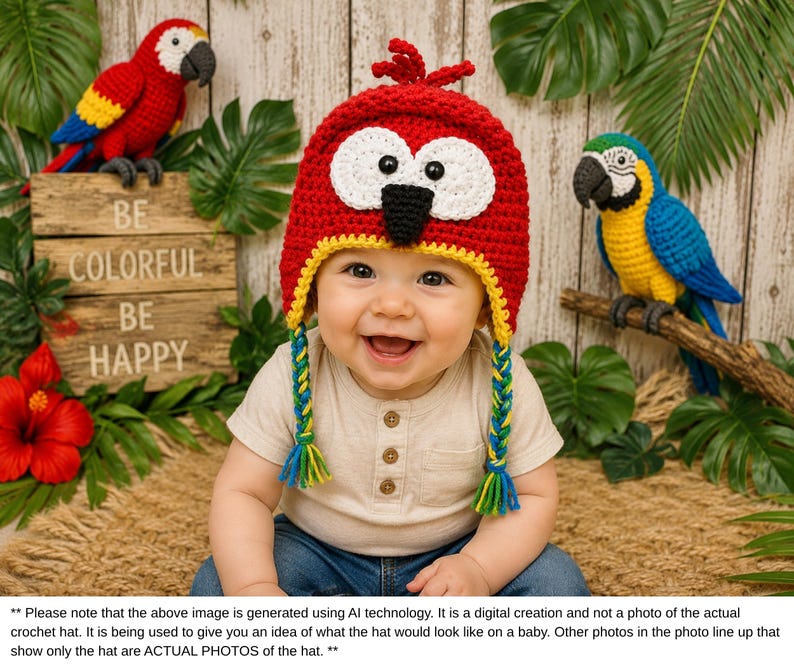 Puede incluir: Un beb&eacute; sonriente con un gorro de loro rojo de ganchillo con ojos blancos, pico negro y ribete amarillo. El gorro tiene trenzas laterales. Dos loros de ganchillo y el texto "BE COLORFUL BE HAPPY" est&aacute;n en el fondo.
