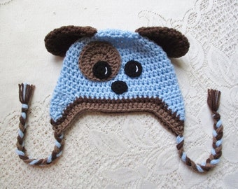 READY TO SHIP - 9 to 12 Month Size - Blue and Brown Short Ear Puppy Hat - Winter Hat - Photo Prop - Puppy Hat - Crochet Hat - Animal Hat