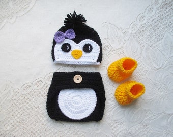 Baby Penguin Crochet Hat and Diaper Cover - Baby Photo Prop - Baby Shower Gift - Available in 0 to 6 Months - Any Color Combo