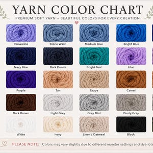 The image is a color chart that displays various yarn colors, including baby blue, periwinkle, stone wash, medium blue, bright blue, royal blue, country blue, navy blue, dark denim, bright teal, lillac, lavender, olive, tan, taupe, camel, stdd almond, orchid, purple, tan, taupe, camel, stdd almond, coffee, dark brown, light grey, grey mist, dusty grey, grey beard, grey board, charcoal grey, white, ivory, liner/oatmeal, black, and camflage.