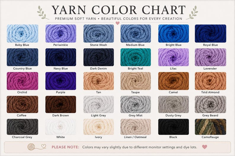 The image is a color chart that displays various yarn colors, including baby blue, periwinkle, stone wash, medium blue, bright blue, royal blue, country blue, navy blue, dark denim, bright teal, lillac, lavender, olive, tan, taupe, camel, stdd almond, orchid, purple, tan, taupe, camel, stdd almond, coffee, dark brown, light grey, grey mist, dusty grey, grey beard, grey board, charcoal grey, white, ivory, liner/oatmeal, black, and camflage.