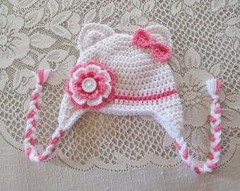 READY TO SHIP - 9 to 12 Month Size - White and Medium Pink Kitty Cat with Flower Crochet Hat - Winter Hat or Photo Prop