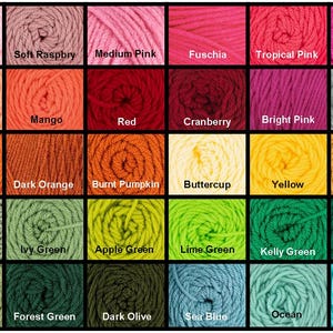 Puede incluir: Una carta de colores de madejas de hilo en varios tonos, incluyendo rosas, naranjas, verdes y azules. Cada color est&aacute; etiquetado con su nombre, como "Baby Pink", "Mango" y "Sea Blue". Ideal para proyectos de tejido y ganchillo.