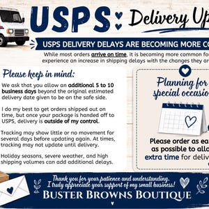 The image is a promotional graphic for a USPS delivery update, featuring a white postal truck and text in various fonts and colors.