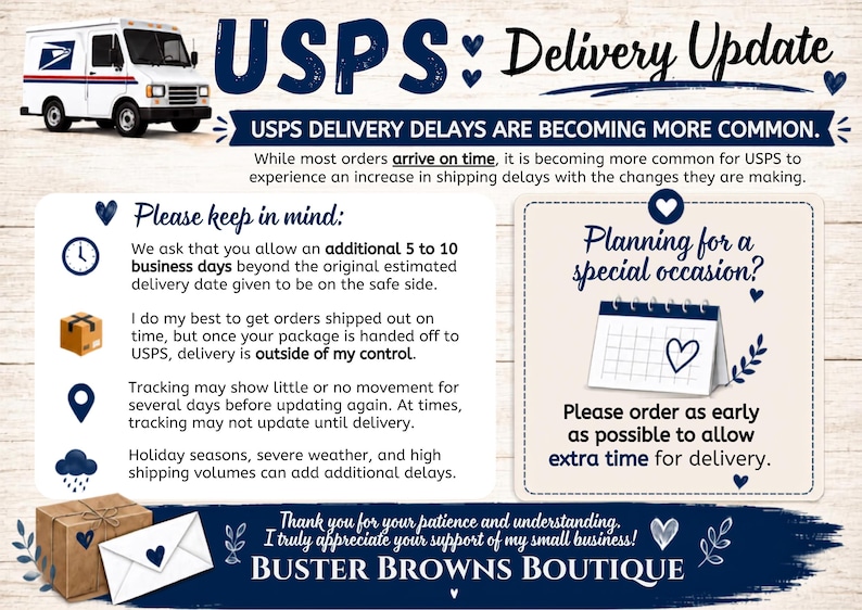 The image is a promotional graphic for a USPS delivery update, featuring a white postal truck and text in various fonts and colors.