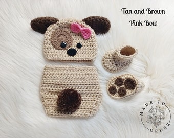 Baby Puppy Dog Crochet Hat and Diaper Cover Set - Baby Photo Prop - Baby Shower Gift - Available in 0 to 6 Months - Any Color Combination