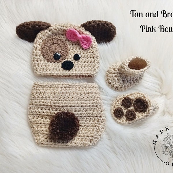 Baby Puppy Dog Crochet Hat and Diaper Cover Set - Baby Photo Prop - Baby Shower Gift - Available in 0 to 6 Months - Any Color Combination