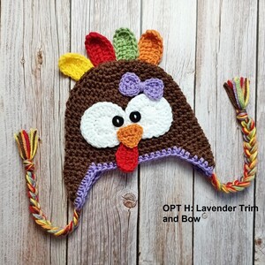 Baby Turkey Crochet Hat, Newborn Photo Prop, Turkey Costume, Hats for Fall, Newborn Turkey Hat, Turkey Beanie, Thanksgiving Photo Prop OPT H: Lavender Bow