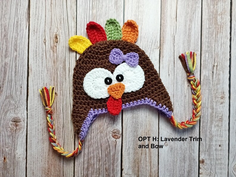 Baby Turkey Crochet Hat, Newborn Photo Prop, Turkey Costume, Hats for Fall, Newborn Turkey Hat, Turkey Beanie, Thanksgiving Photo Prop OPT H: Lavender Bow